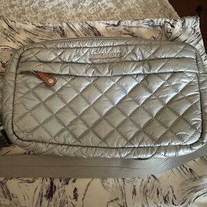 Large MZ Wallace Metro Belt Bag Sling Fanny Pack Purse Metallic Silver Quilted